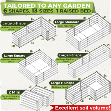 Tailored to any garden - 6 shapes, 13 sizes, 1 raised garden bed. Excellent soil volume!